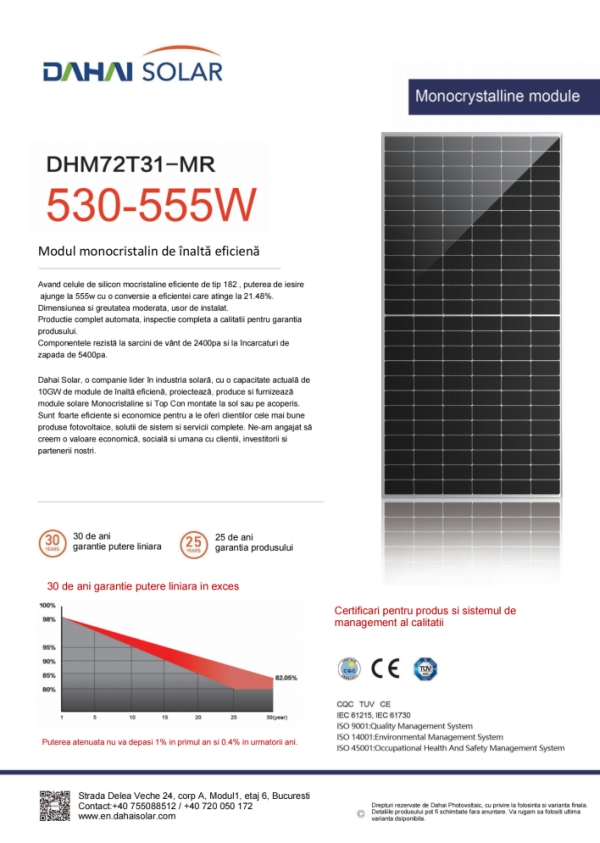 Panou fotovoltaic monocristalin DAHAI DHM72T31-MR 555W